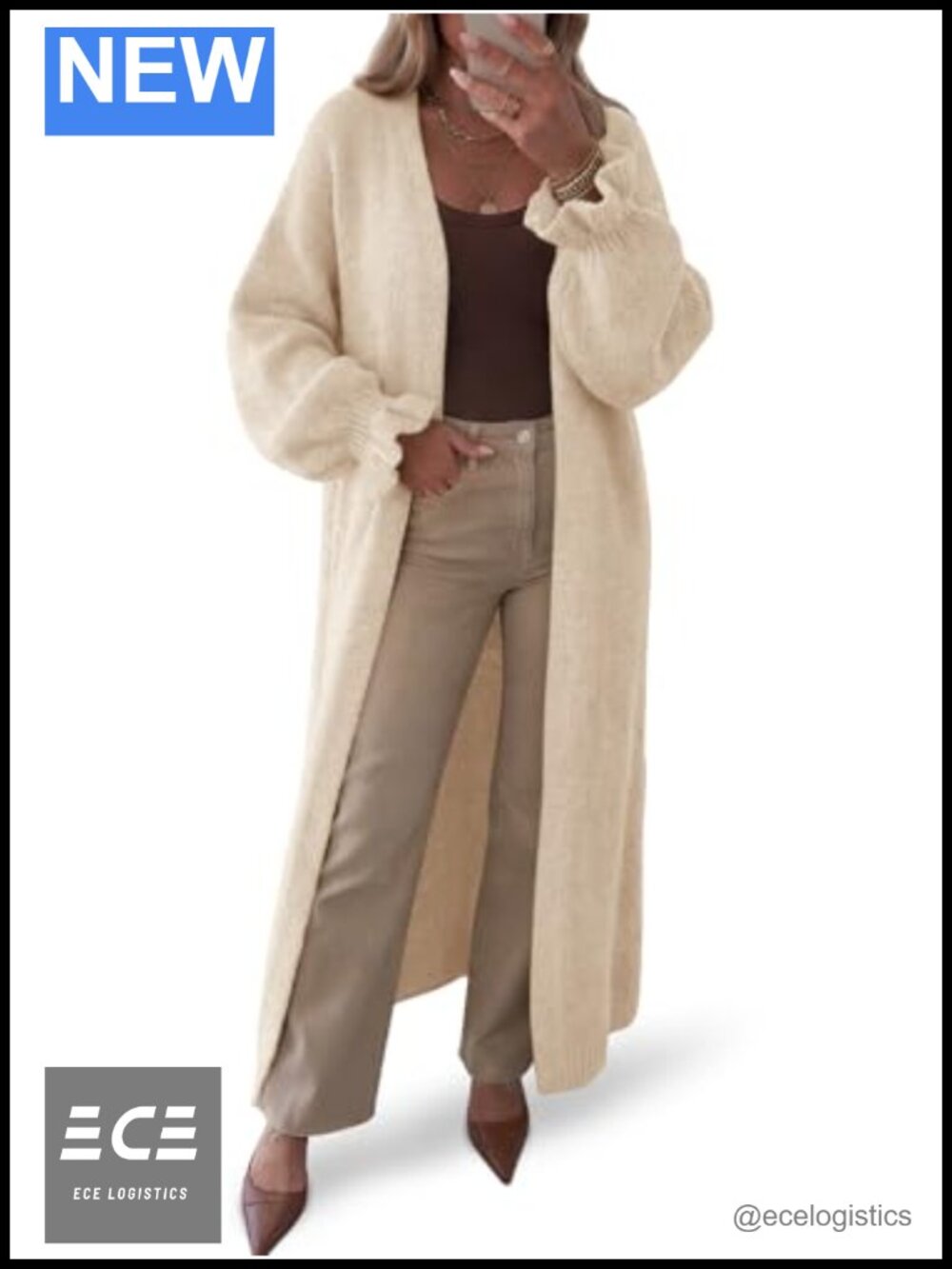 Oversized Open Front Knit Cardigan Ruffle Cuffs Maxi Length Sweater